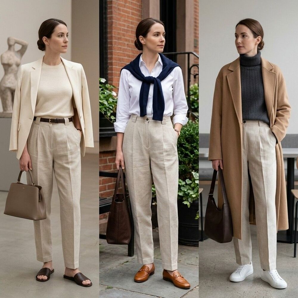 Vintage Liz Sport Pleated Linen Trouser Pant 12 Beige Neutral Old Money Safari